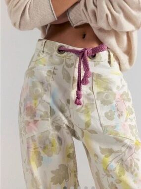 Free People Floral Wide-Leg Pants with Pink Rope Belt
